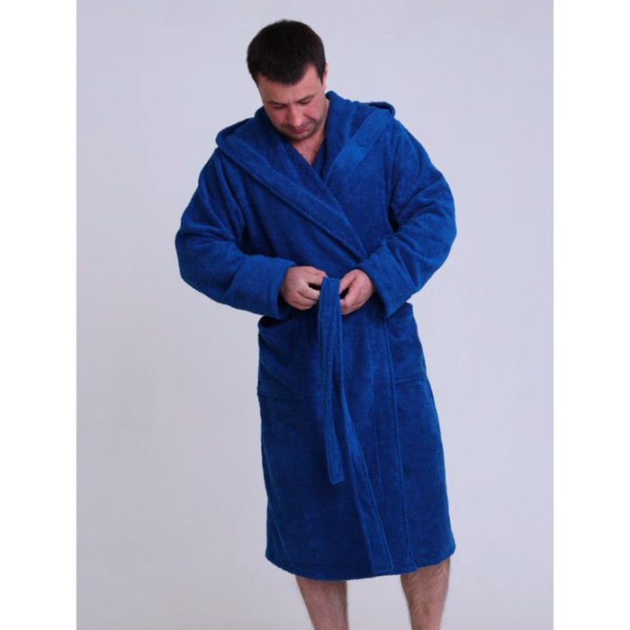 фото Халат мужской с капюшоном, размер 56-58, цвет синий bio-textiles