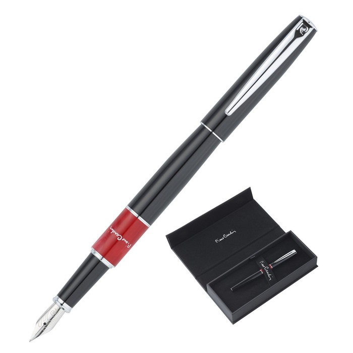Ручка перьевая PIERRE CARDIN LIBRA, корпус латунь лакированная, отделка сталь и хром, съемный колпачок, узел 0.5 мм, чернила синие, акриловая вставка красная, чёрная
