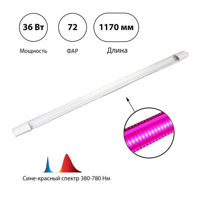 Фитосветильник светодиодный, 36 Вт, 1173 мм, IP65, полный спектр, фиолетовый