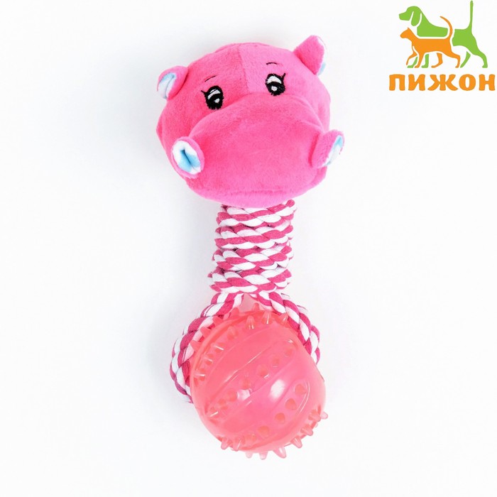 

Игрушка для собак 3-в-1 "Бегемот": канатная, мягкая с пищалкой, мяч TPR, 20 см, розовая