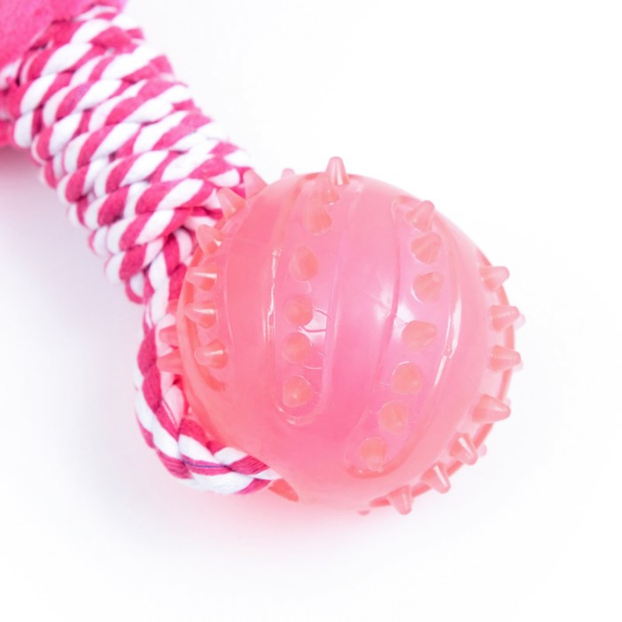 Игрушка для собак 3-в-1 "Бегемот": канатная, мягкая с пищалкой, мяч TPR, 20 см, розовая