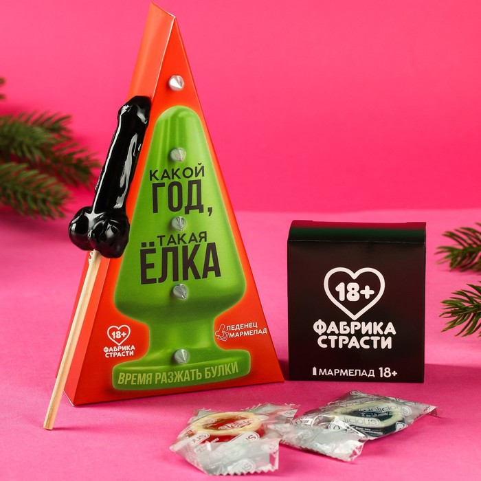 Набор в коробке-елке леденец и мармеладные презервативы 