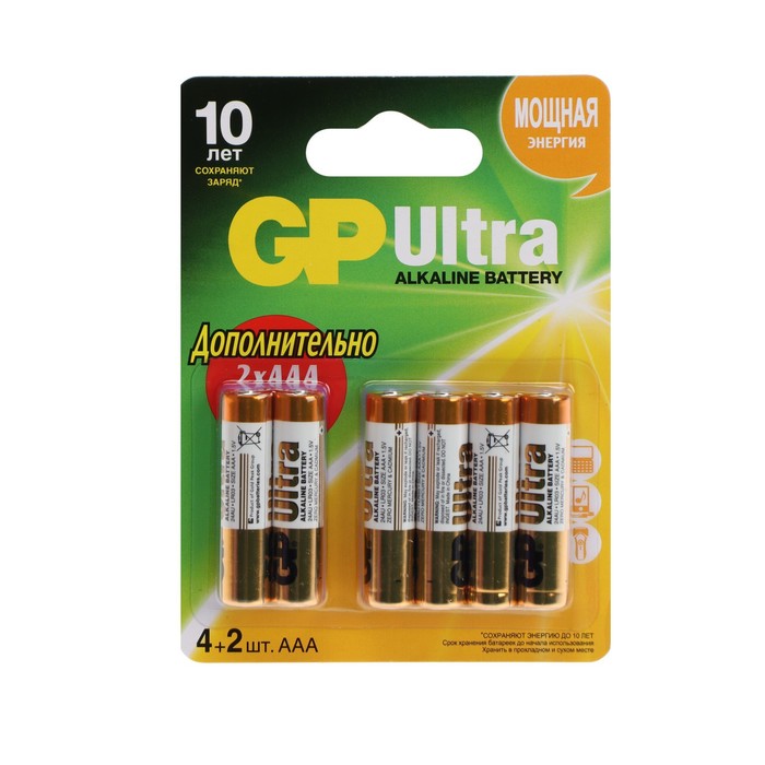 Батарейка алкалиновая GP Ultra, AAA, LR03-6BL, 1.5В, блистер, 6 шт. батарейка алкалиновая d mono lr20 gp ultra 6 шт
