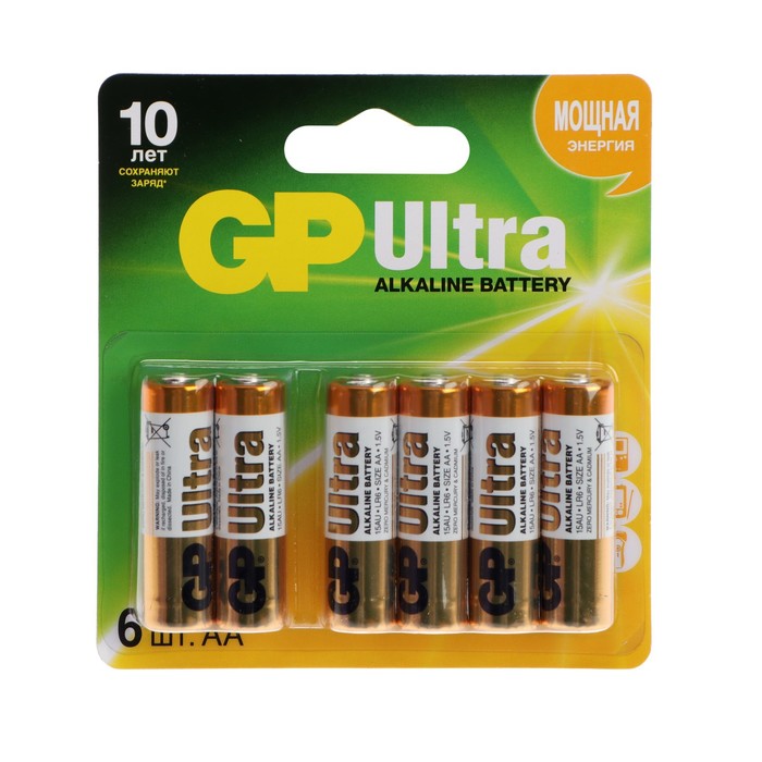 Батарейка алкалиновая GP Ultra, AA, LR6-6BL, 1.5В, блистер, 6 шт. батарейка duracell lr6 6bl
