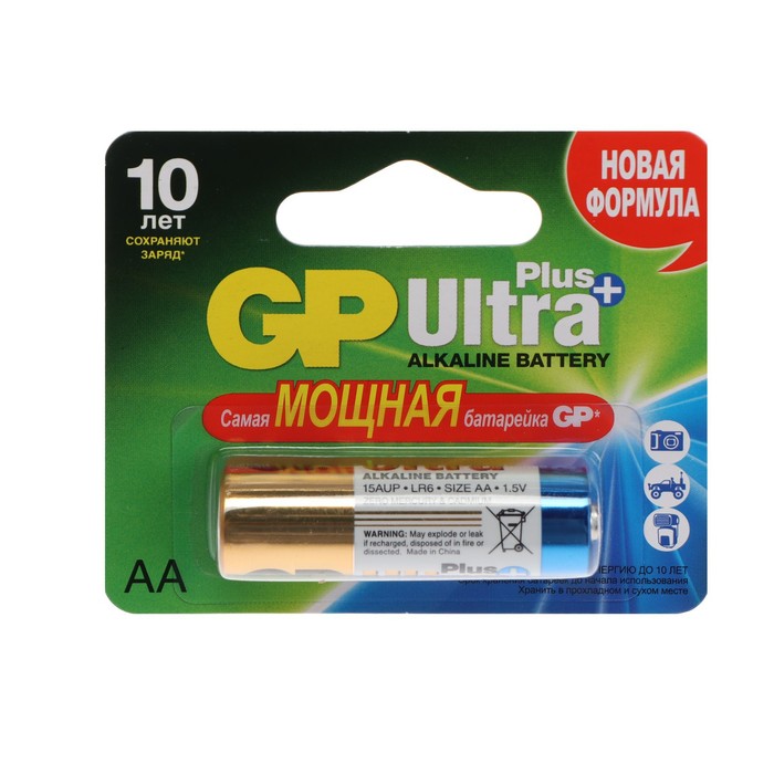 Батарейка алкалиновая GP Ultra Plus, AA, LR6-1BL, 1.5В, блистер, 1 шт. батарейки gp батарейка алкалиновая gp ultra plus aa lr6 1bl 1 5в блистер 1 шт