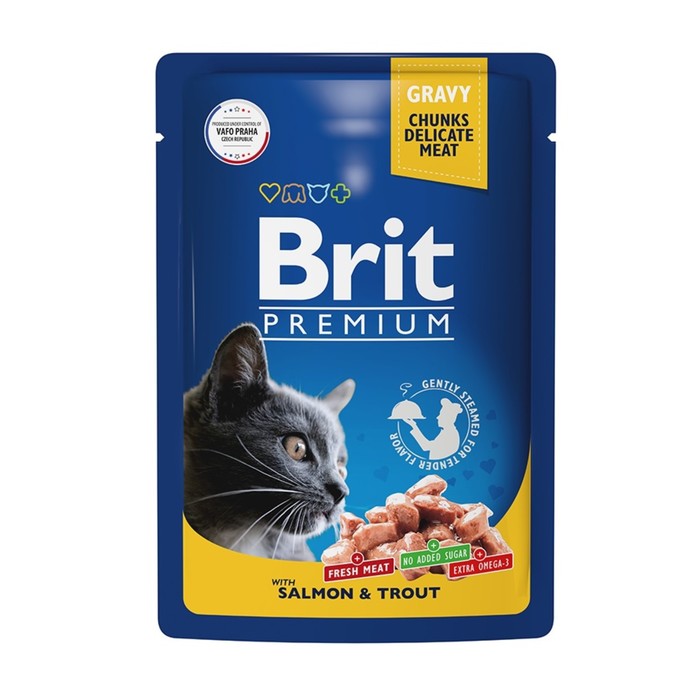 

Влажный корм Brit Premium для кошек, лосось и форель в соусе, пауч, 85 г