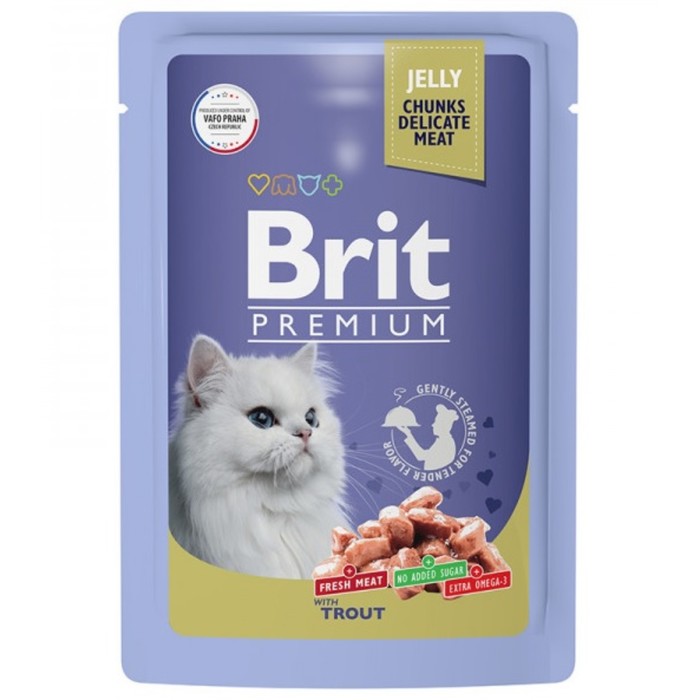

Влажный корм Brit Premium для кошек, форель в желе, пауч, 85 г