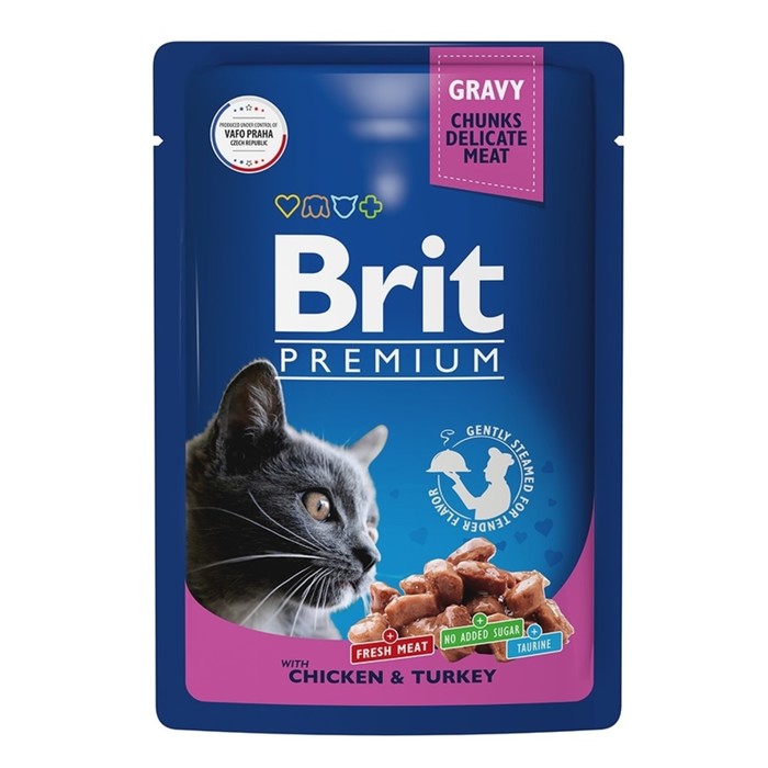 Влажный корм Brit Premium для кошек цыпленок и индейка в соусе пауч 85 г 68₽