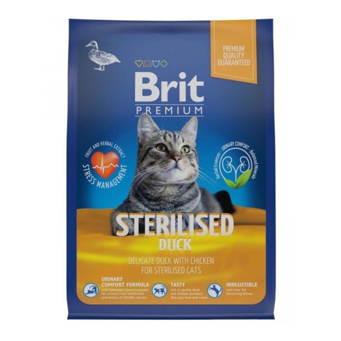 Сухой корм Brit Premium Cat Duck&Chicken для стерилизованных кошек, утка и курица, 8 кг