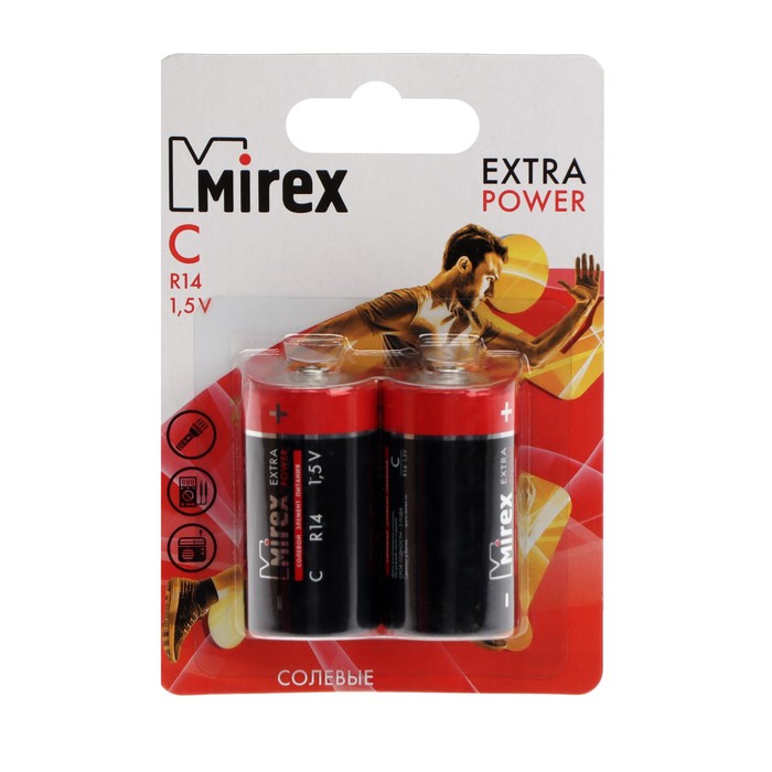 Батарейка солевая Mirex, C, R14-2BL, 1.5В, блистер, 2 шт. батарейки mirex батарейка солевая mirex c r14 2bl 1 5в блистер 2 шт