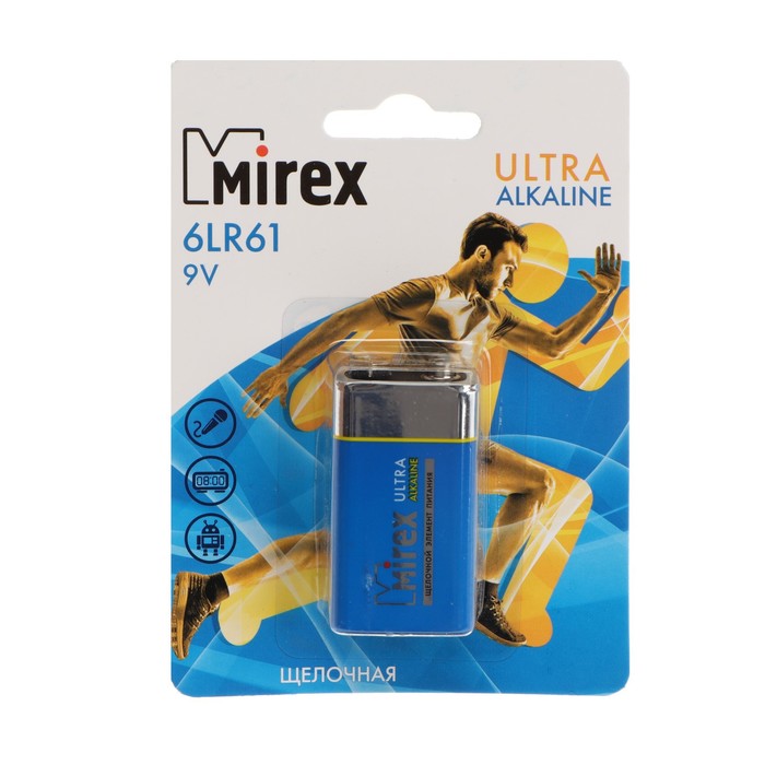 Батарейка алкалиновая Mirex, 6LR61-1BL, 9В, крона, блистер, 1 шт. батарейки mirex батарейка алкалиновая mirex 6lr61 1s 9в крона спайка 1 шт