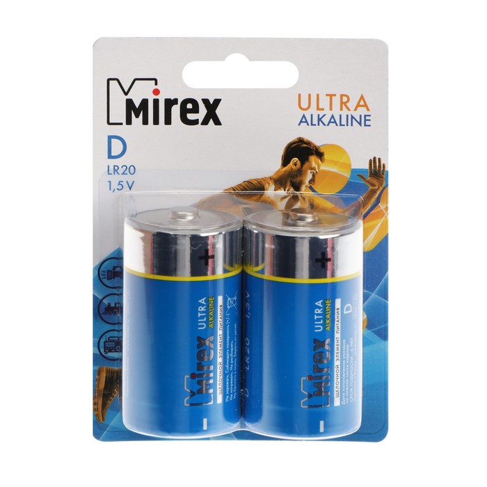 Батарейка алкалиновая Mirex, D, LR20-2BL, 1.5В, блистер, 2 шт. батарейка алкалиновая d mono lr20 gp ultra 6 шт