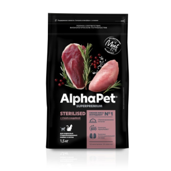 

Сухой корм AlphaPet Superpremium для кошек, утка/индейка, 1,5 кг