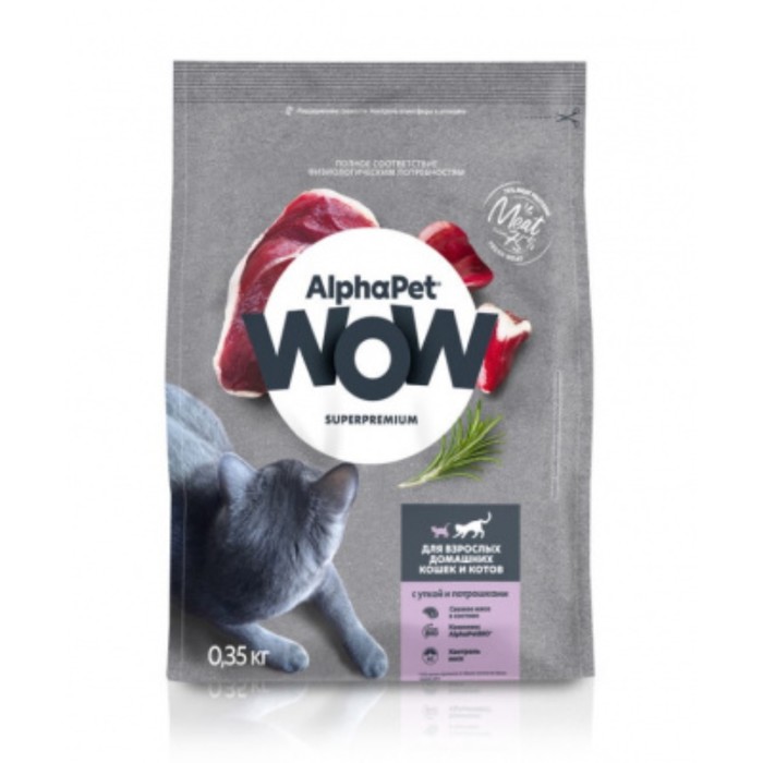 Сухой корм AlphaPet WOW Superpremium для домашних кошек и котов, утка/потрошки, 350 г alphapet wow superpremium для домашних кошек и котов с уткой и потрошками 750 г