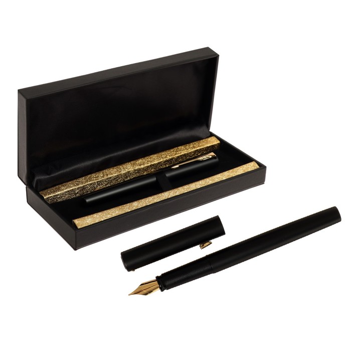 Ручка подарочная перьевая в кожзам футляре, корпус черный с золотом цена и фото