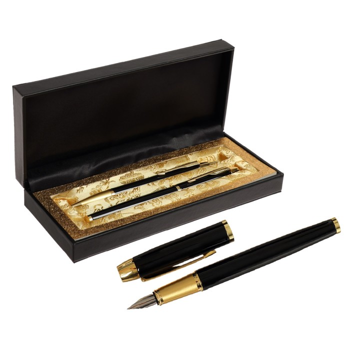 Ручки подарочные 2 штуки в кожзам футляре ПБ IM (перьевая и шариковая) черная с золотом