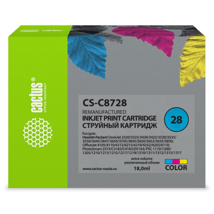 Картридж Cactus CS-C8728 №28, для HP DJ 3320/3325/3420/3425/3520, 18 мл, многоцветный картридж струйный cactus cs c8728 28 многоцветный для hp dj 3320 3325 3420 3425 3520