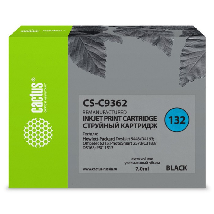 Картридж Cactus CS-C9362 №132, для HP DJ 5443/D4163/DJ 6215/PS 2573/C3183/D5163, 7 мл, цвет чёрны цена и фото
