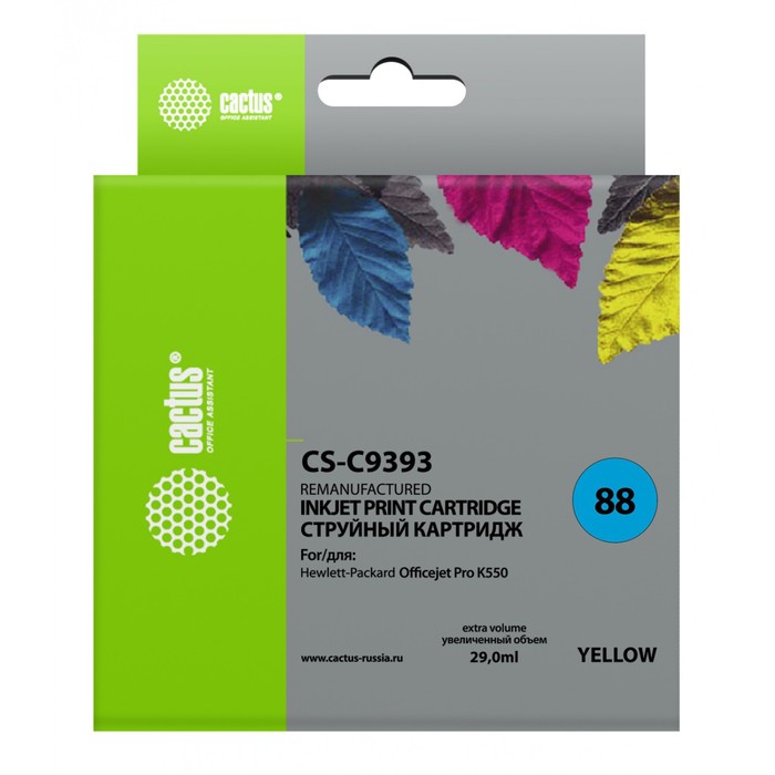 Картридж Cactus CS-C9393 №88, для HP DJ Pro K550, 29 мл, цвет жёлтый