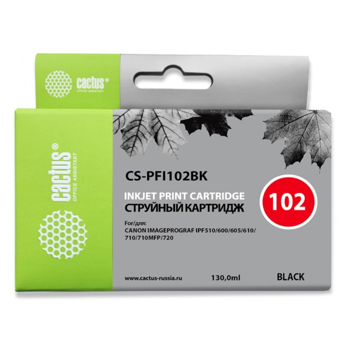 Картридж Cactus CS-PFI102BK, для Canon iPF500/iPF600/iPF700/MFPM40/iPF765, 130 мл, цвет чёрный
