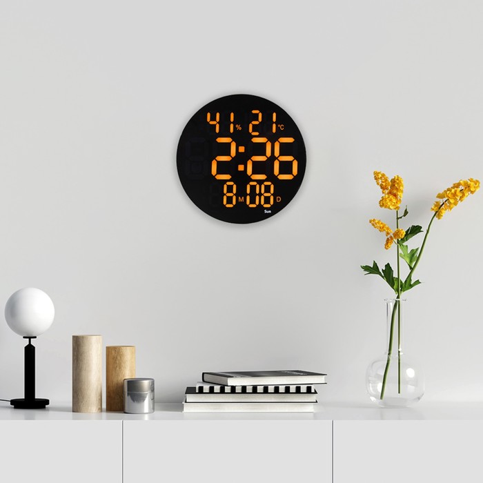 Часы настенные электронные: будильник, календарь, термометр, гигрометр,  1 CR2032 d=25 см