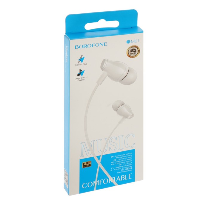 

Наушники Borofone BM61 Wanderer, вакуумные, микрофон, Jack 3.5 мм, кабель 1.2 м, белые
