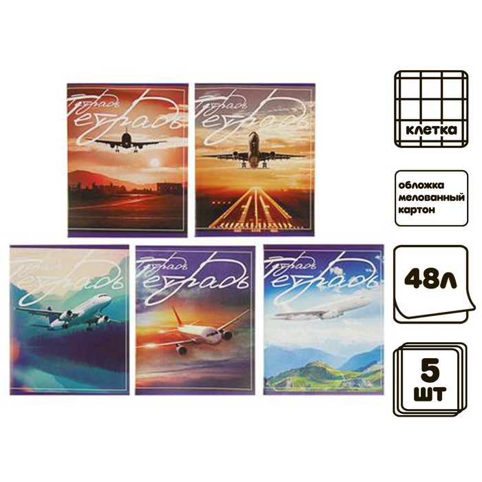 

Комплект тетрадей из 5 штук, 48 листов в клетку Calligrata "Самолеты", обложка мелованный картон, блок №2, белизна 75% (серые листы)