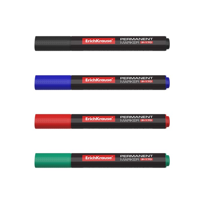 Набор маркеров перманентных ErichKrause P-170, 4 штуки, 2.0 мм, чернила на спиртовой основе, чёрный, синий, красный, зелёный