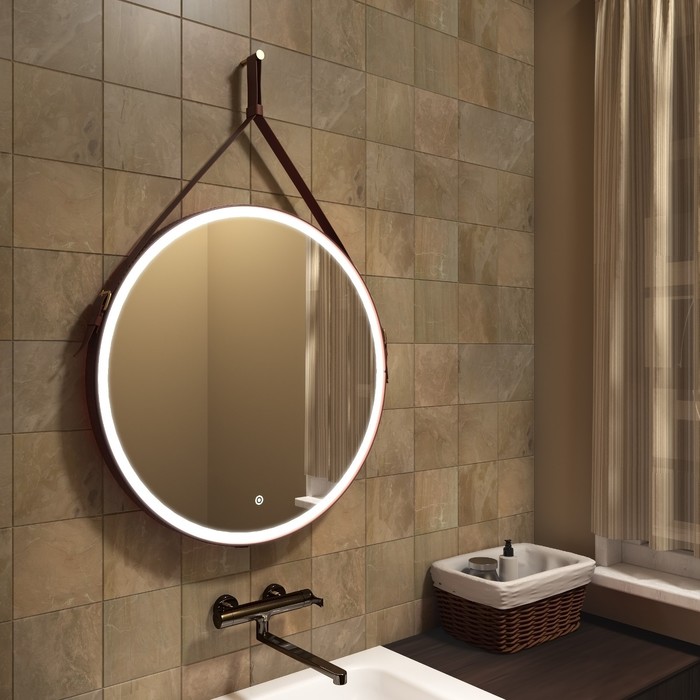 Зеркало Uperwood Round, 80 см, LED подсветка, сенсор, коричневый ремень