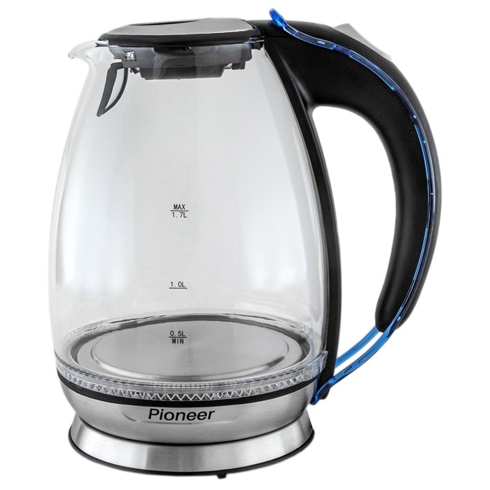 Чайник электрический Pioneer KE806G, стекло, 1.7 л, 2200 Вт, цвет чёрный с синим