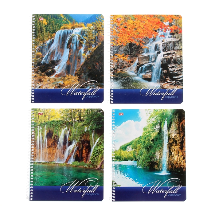 Тетрадь 96 листов клетка на гребне "Водопады", картонная обложка, 4 вида МИКС