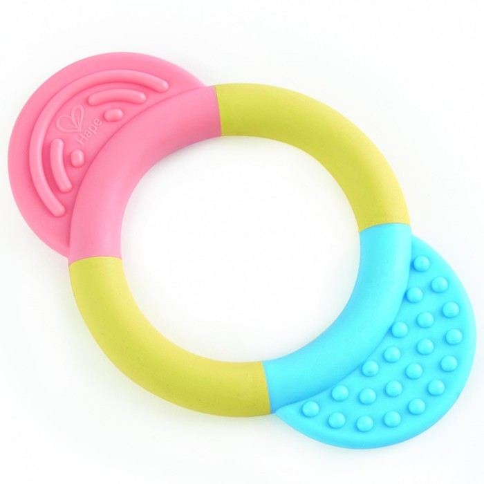 Прорезыватель-погремушка для новорождённых «Улыбка», кольцо с розовым и голубым держателем