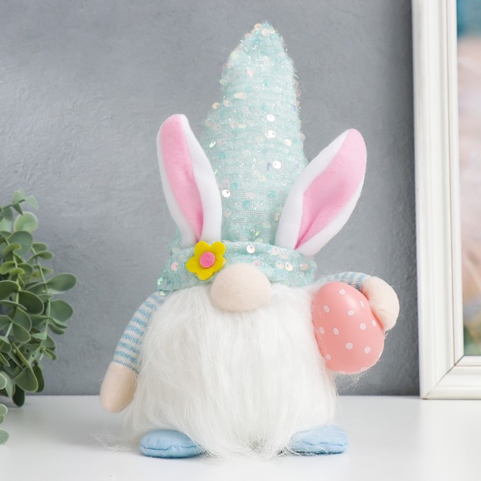 Кукла интерьерная свет "Гном в колпаке с зайчьими ушами, пайетки" голубой 30х8х8 см