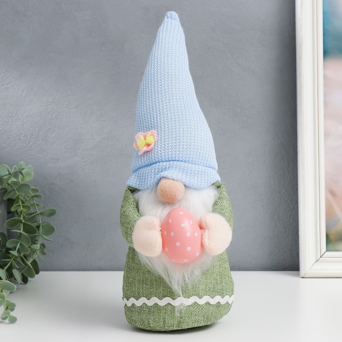 Кукла интерьерная Гном в шапке с зайчьими ушами, с пасхальным яичком голубой 30х11х8 см