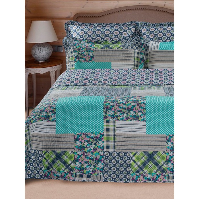 Покрывало стёганое и наволочки Patchwork green размер 150х200 см 50х70 см цвет серый 1255₽