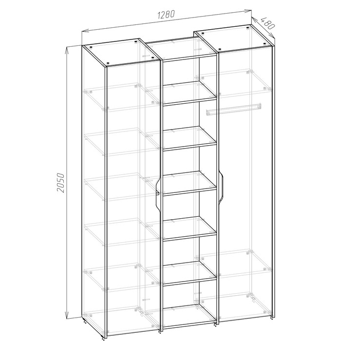 

Шкаф 3-х секционный Мико 1280х480х2050 белый/бриллиант