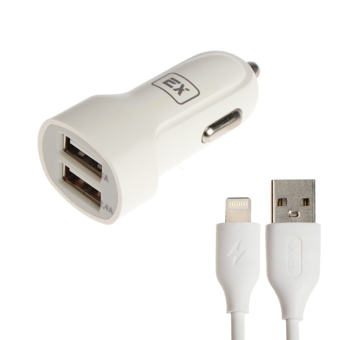 Автомобильное зарядное устройство Exployd EX-Z-585, 2 USB, 2.4А, кабель Lightning, 1м, белое