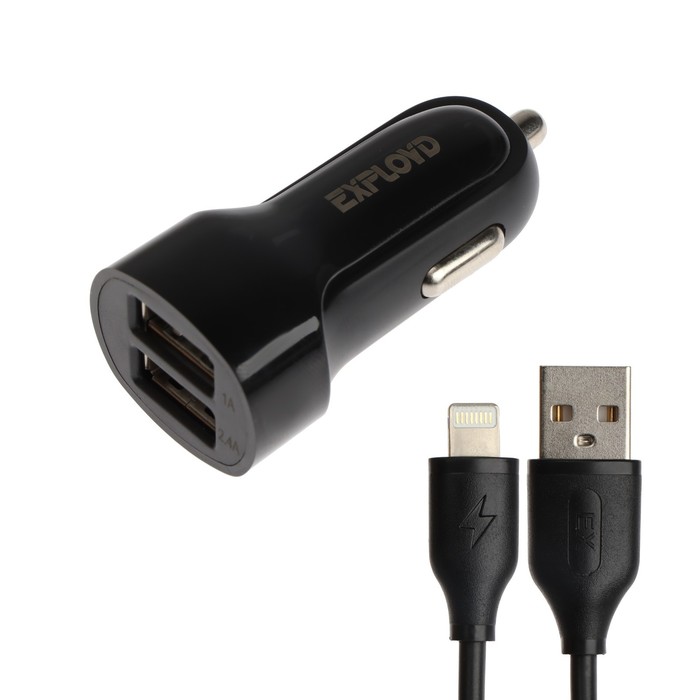 Автомобильное зарядное устройство Exployd EX-Z-584, 2 USB, 2.4А,кабель Lightning, 1м, черное