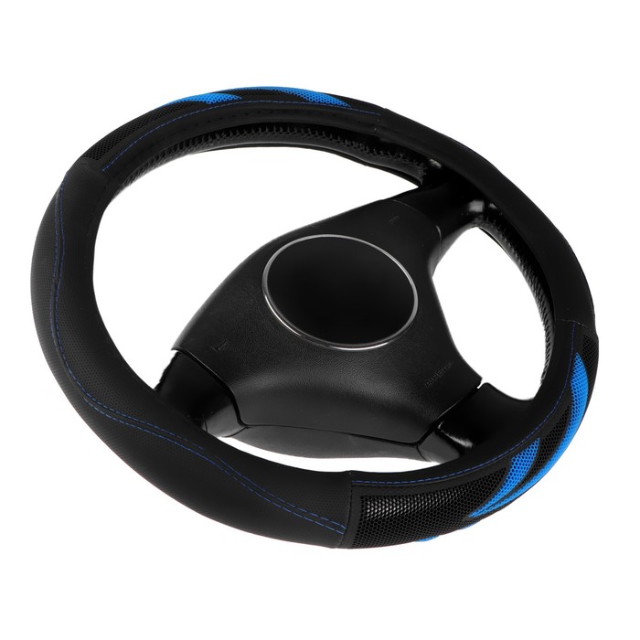 Оплетка на руль Nova Bright перфорация, с синими массажными вставками, черная, размер М фотографии
