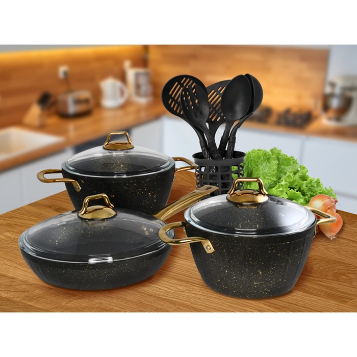 фото Набор посуды из 3 предметов: 2 кастрюли, сковорода, цвет чёрный, 2.8/4.3 л/26 см oursson