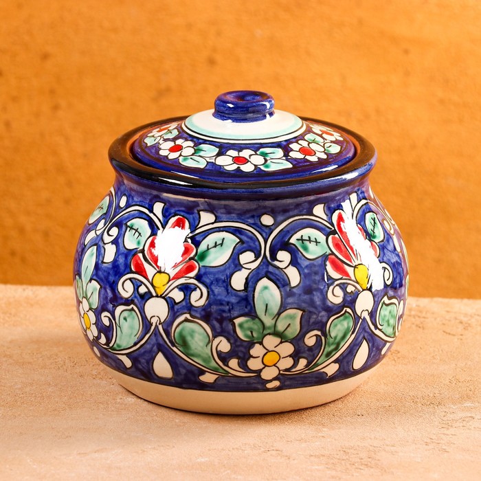 Сахарница Риштанская Керамика Цветы, 1 л, синяя солонка риштанская керамика синяя роспись