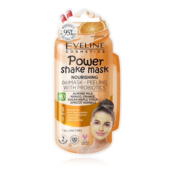Bioмаска-пилинг для лица Eveline Power Shake Mask, питательная с пробиотиками, 10 мл