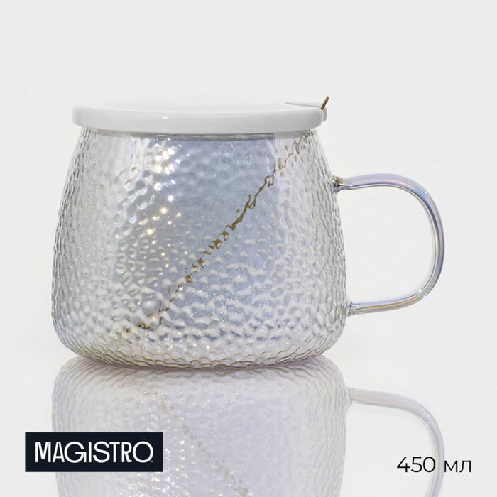 Кружка стеклянная с крышкой и ложкой Magistro «Диамант», 450 мл, цвет перламутровый