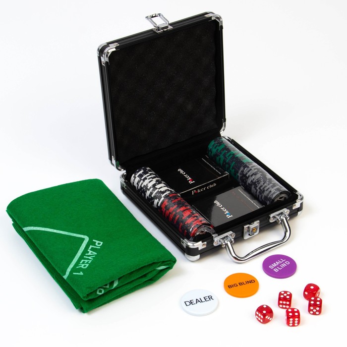 Покер в кейсе (100 фишек, 5 кубиков, 2 колоды карт), с номиналом, вес фишки 13 г, 49 x 25 см