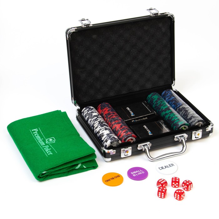Покер в черном кейсе (200 фишек, 5 кубиков, 2 колоды карт), с номиналом, 41 x 35 см