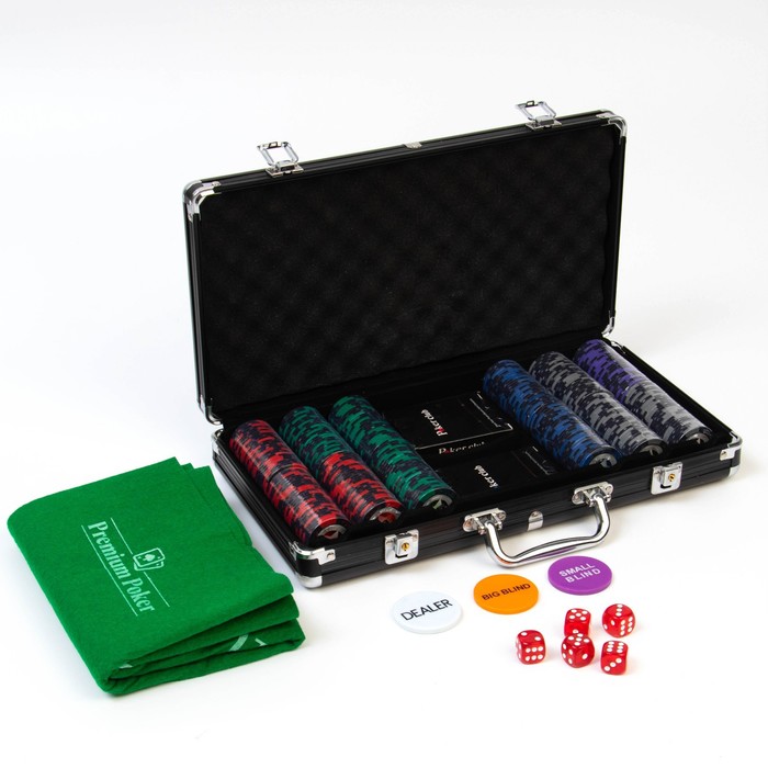 Покер в черном кейсе (300 фишек, 5 кубиков, 2 колоды карт), с номиналом, 45 x 21 см