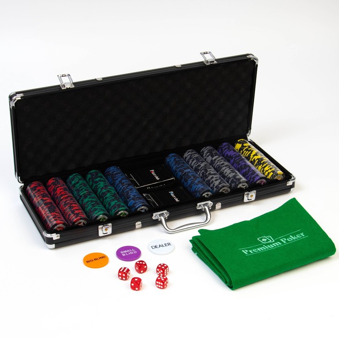 Покер в кейсе (500 фишек, 5 кубиков, 2 колоды карт), с номиналом, вес фишки 13 г, 62 x 20 см