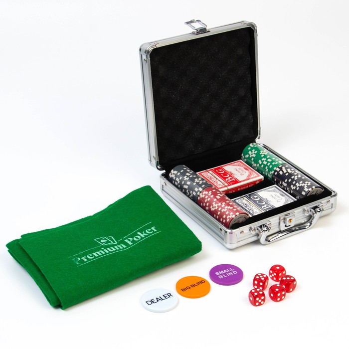 Покер в металлическом кейсе (100 фишек, 5 кубиков, 2 колоды карт), с номиналом, 49 х 25