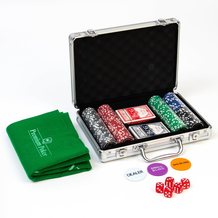 Покер в кейсе (200 фишек, 5 кубиков, 2 колоды карт), с номиналом, вес фишки 3 г, 41 х 35 см