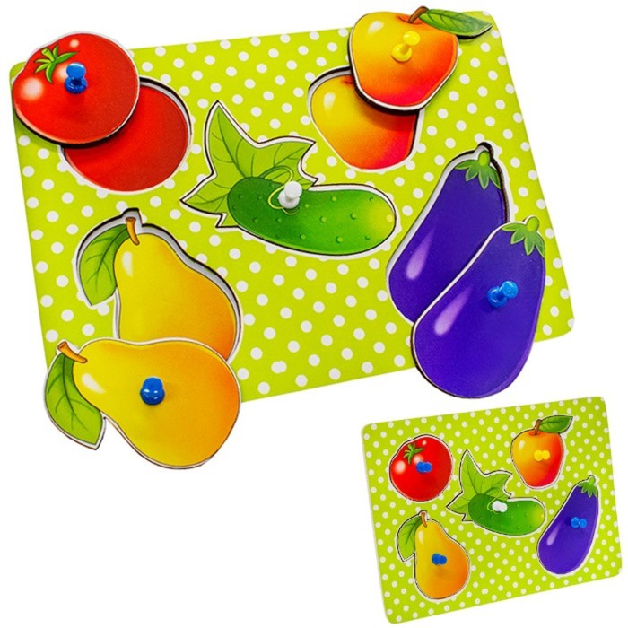 Деревянная рамка - вкладыш «Овощи - фрукты», 5 фигурок в виде овощей и фруктов